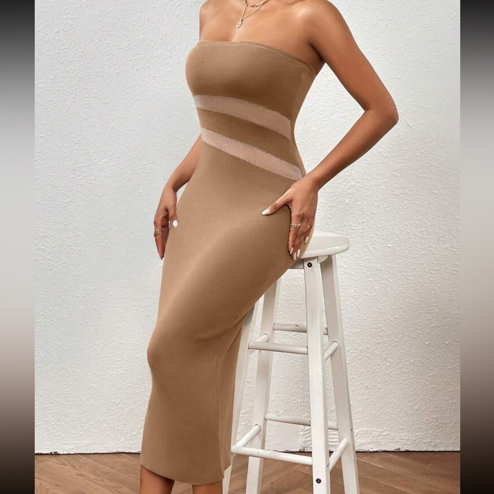 Tan brown Contrast Mesh Tube Bodycon knit midiDress